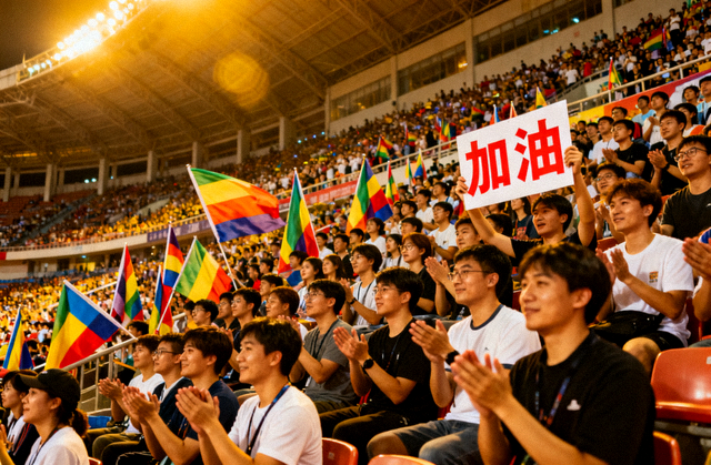 体育场看台观众为比赛加油的现场氛围画面